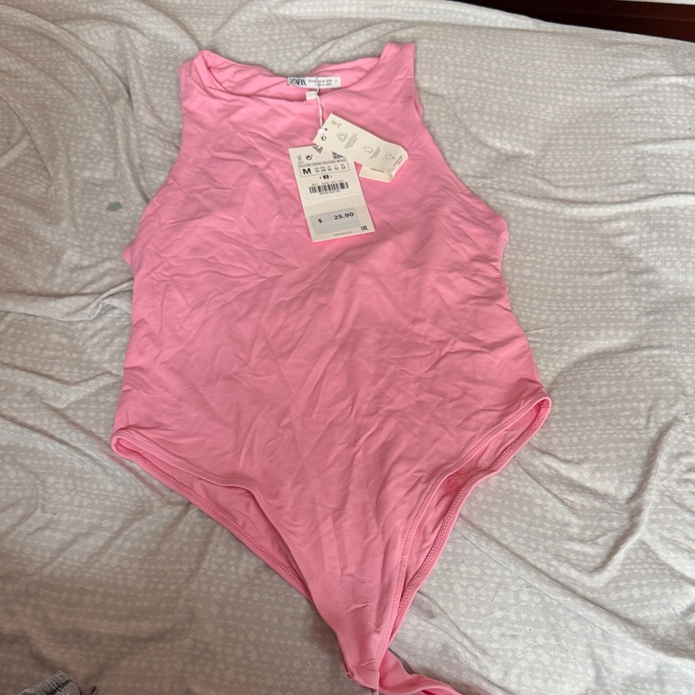 Zara Light Pink Ribbed High-Neck Bodysuit
